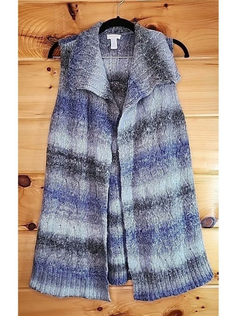 Chico's Woman Size 1 Blue Striped Open Front Sleeveless Long Sweater Vest Large